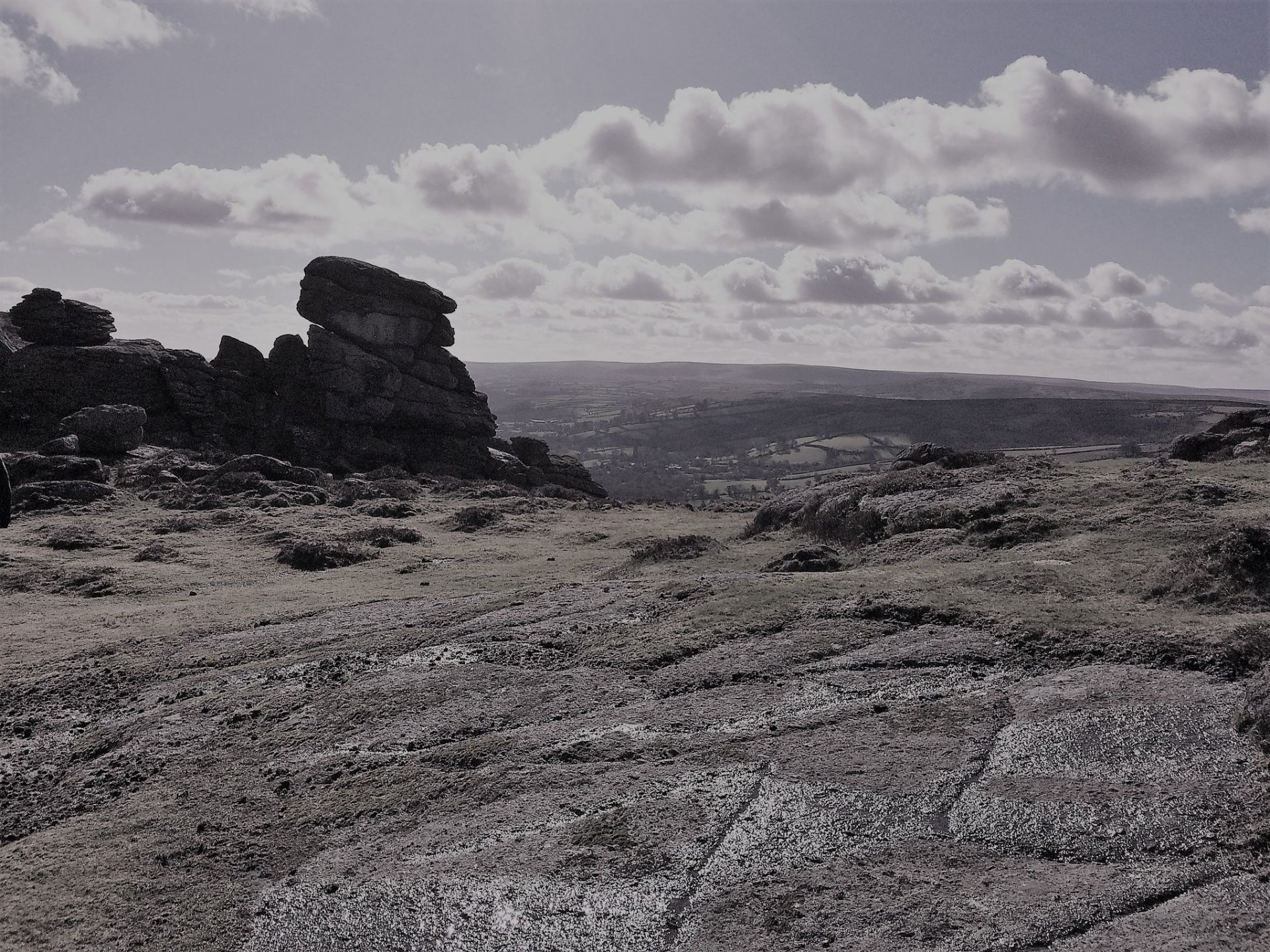 Black + white photo over Bonehill Down